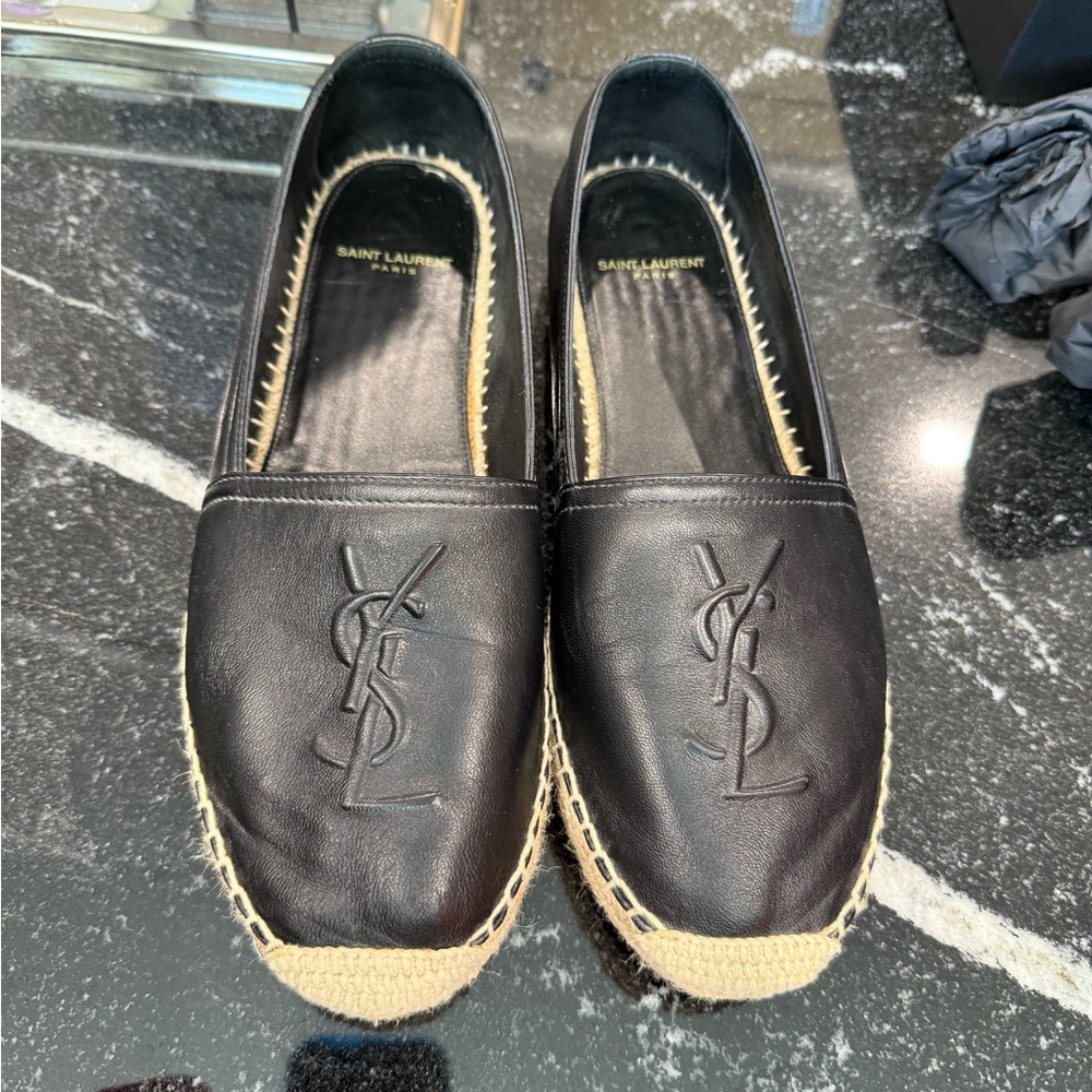 Saint Laurent Black Leather Espadrilles with Tan Sole